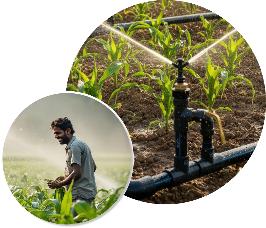 An Indian farmer standing in a lush green cornfield during irrigation vk packwell